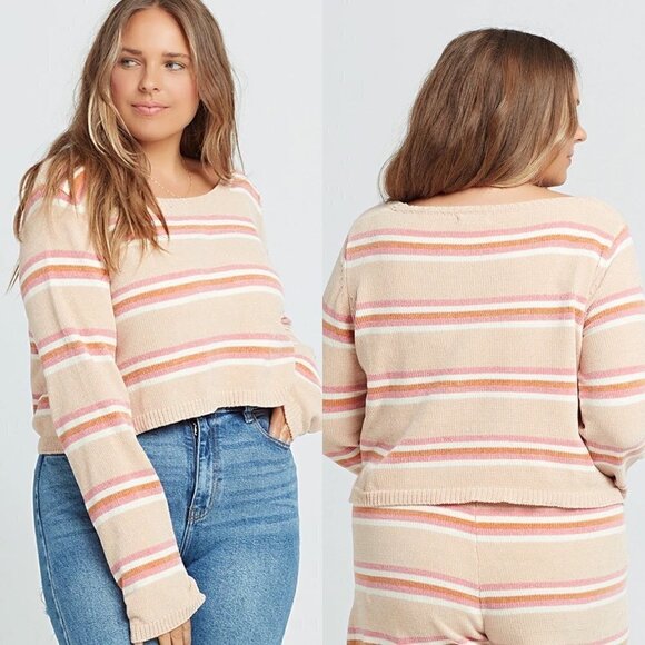 L*Space Women's NWT Tan Sunshine Stripe Cropped Sun Seeker Knit Sweater Large - Picture 1 of 10